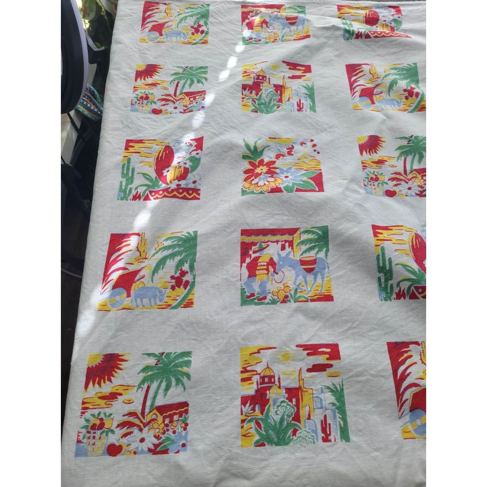 1950s Mexican or Southwestern motif cotton novelty print 116x68 tablecloth